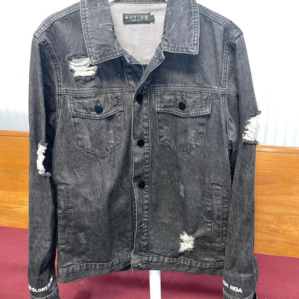 Native Black Jean Jacket with Distressed Design